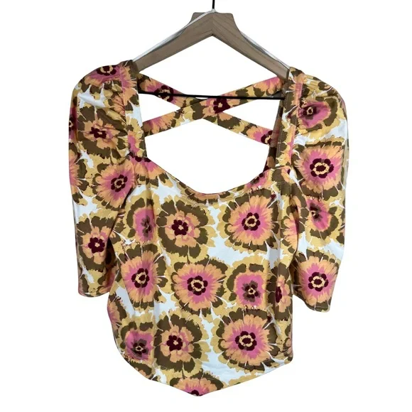 NWT Free People LARGE Give Me More Top in Ivory Combo Puff Sleeve Boho Crop Top - Picture 3 of 12